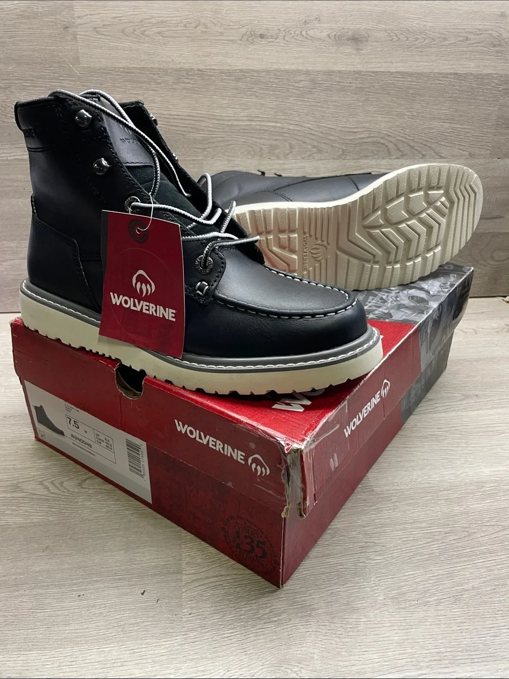 Wolverine Black Leather Moc Toe Boots with Cream Outsole #678